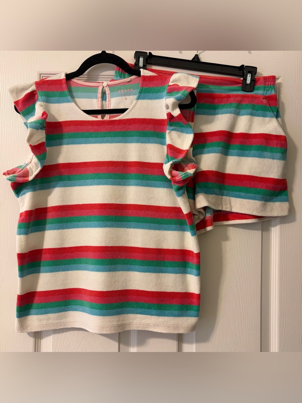 Boden toweling Short Sleeve Top and Skirt Set - White Red Blue Green Stripes